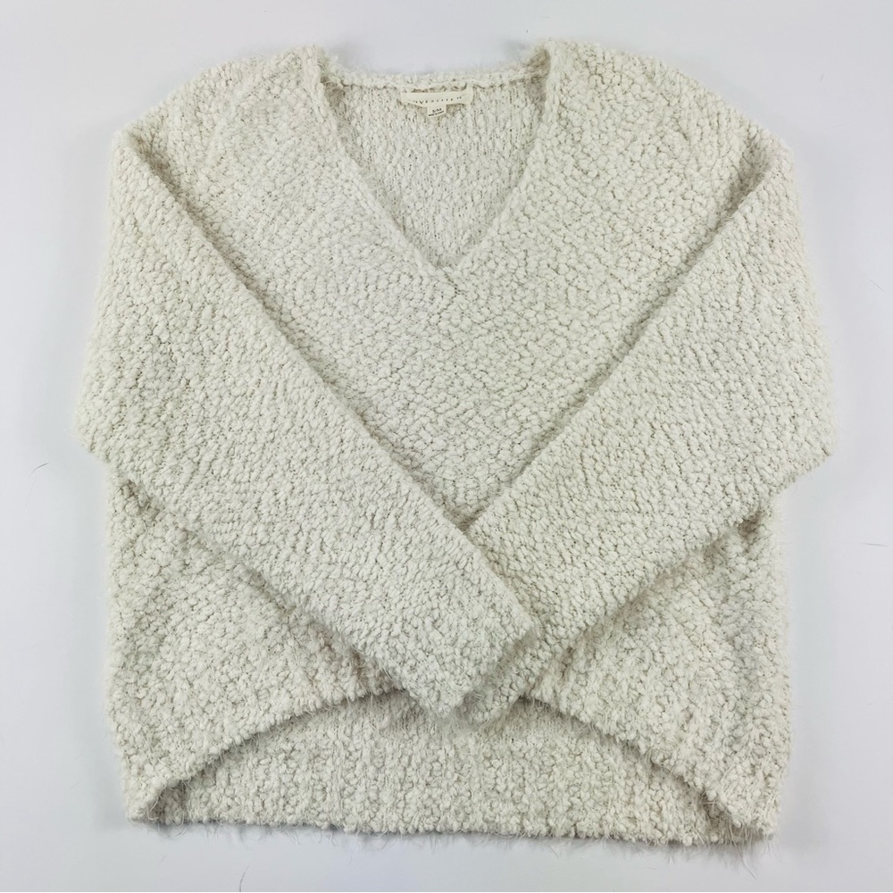 Lovestitch Textured Boucle Cream V-Neck Sweater